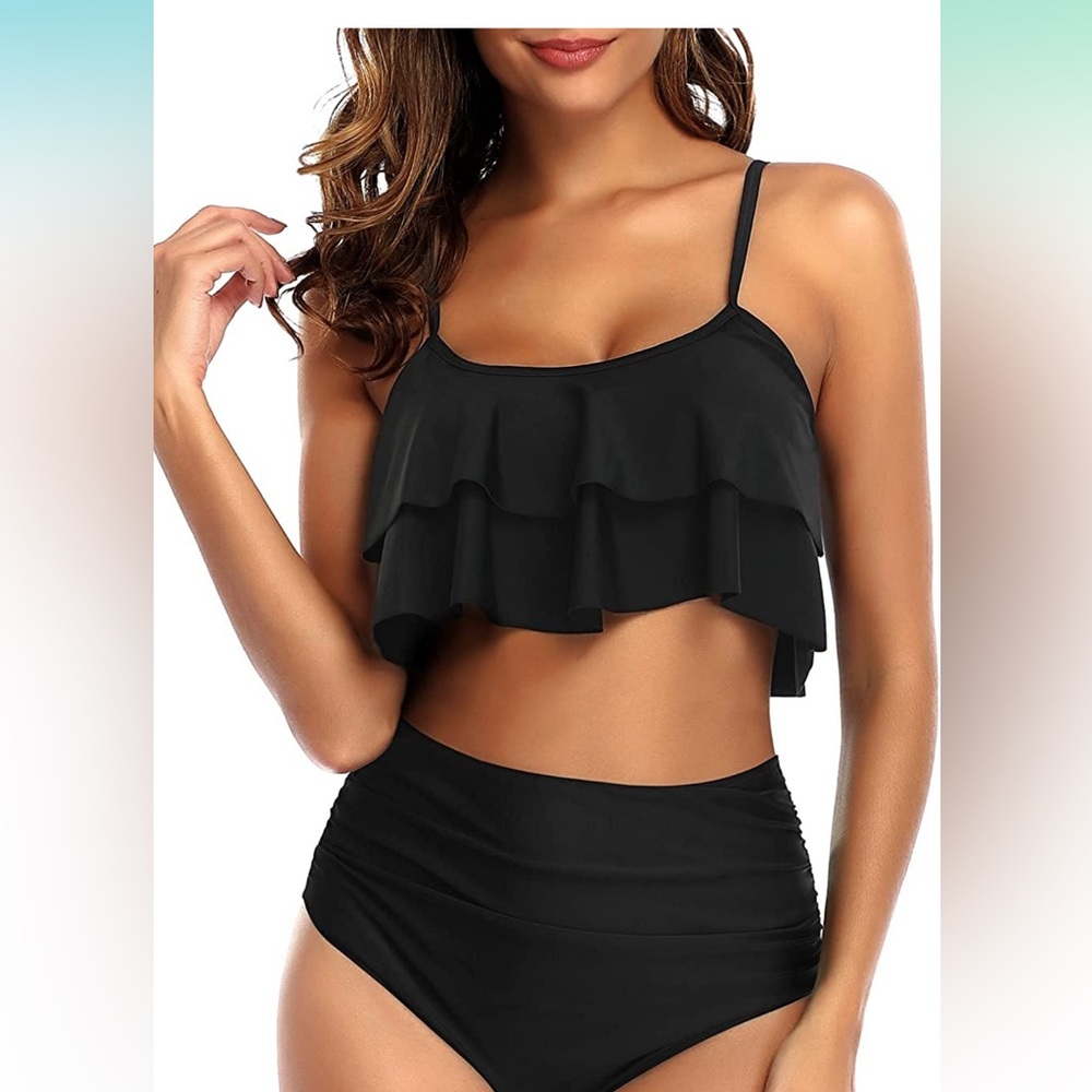 Tempt Me Women Ruffle High Waisted Bikini Black Two Piece Swimsuits Ruched